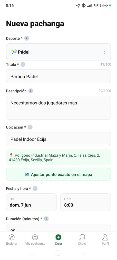Pantalla de crear pachanga en la app Pachangas