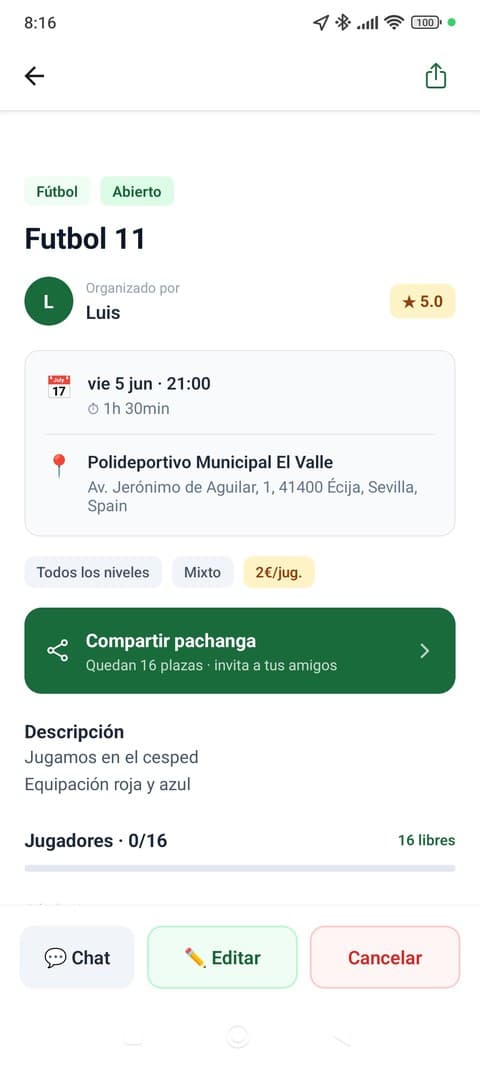 Pantalla de detalle de pachanga con botón de compartir